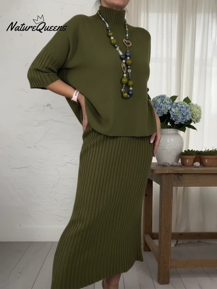 Elegant two-piece set: knitted turtleneck sweater and skirt