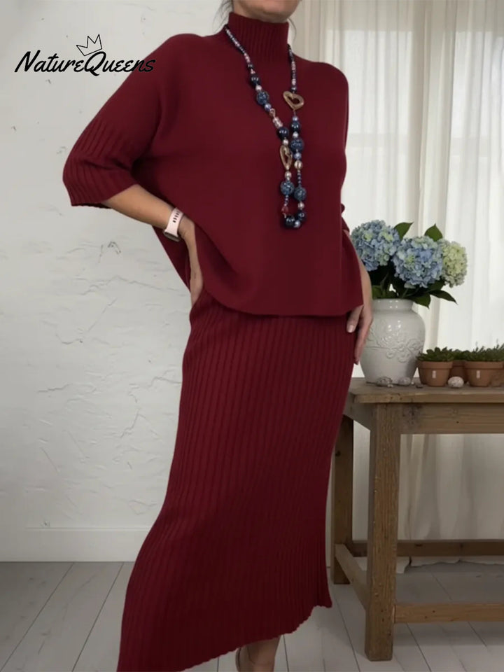 Elegant two-piece set: knitted turtleneck sweater and skirt